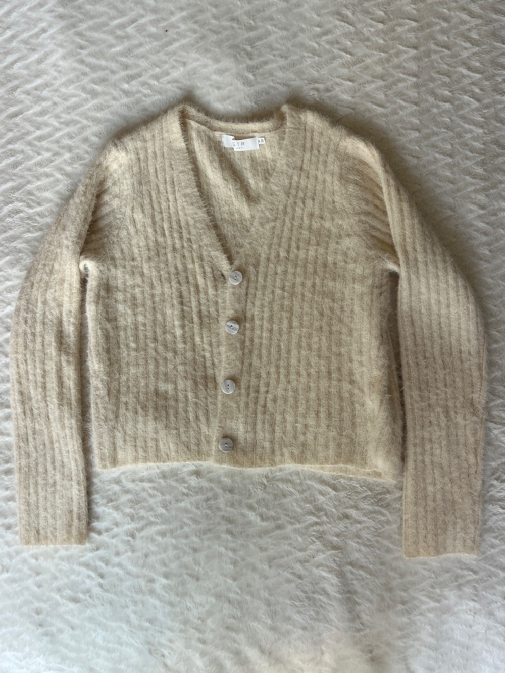 Astr Cream Ribbed V-Neck Button-Up Cardigan